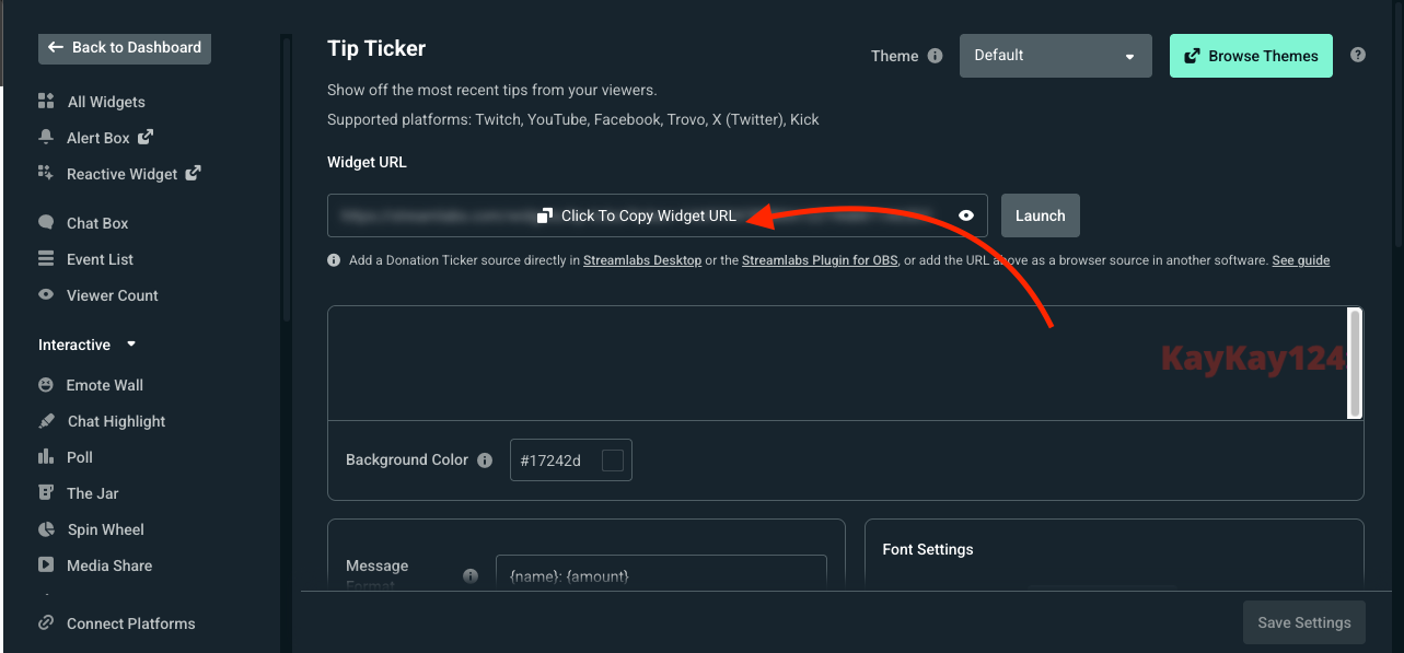 tip ticker widget url in streamlabs web dashboard